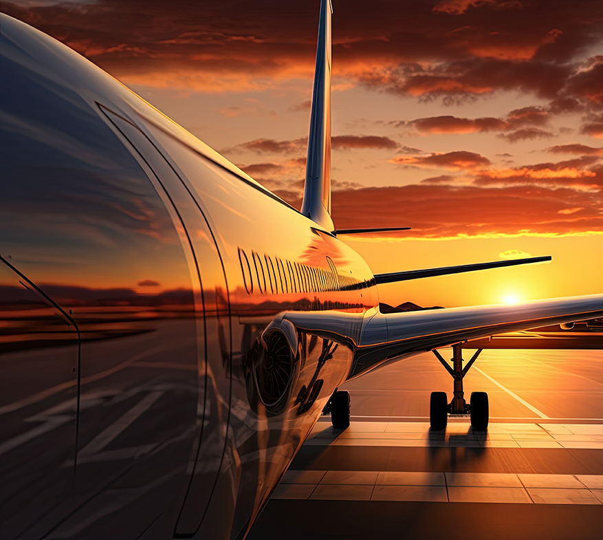 Airplane at sunset on a runway