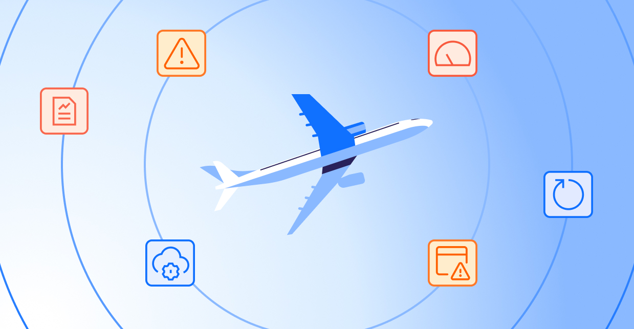 Plan flying through tech icons illustration