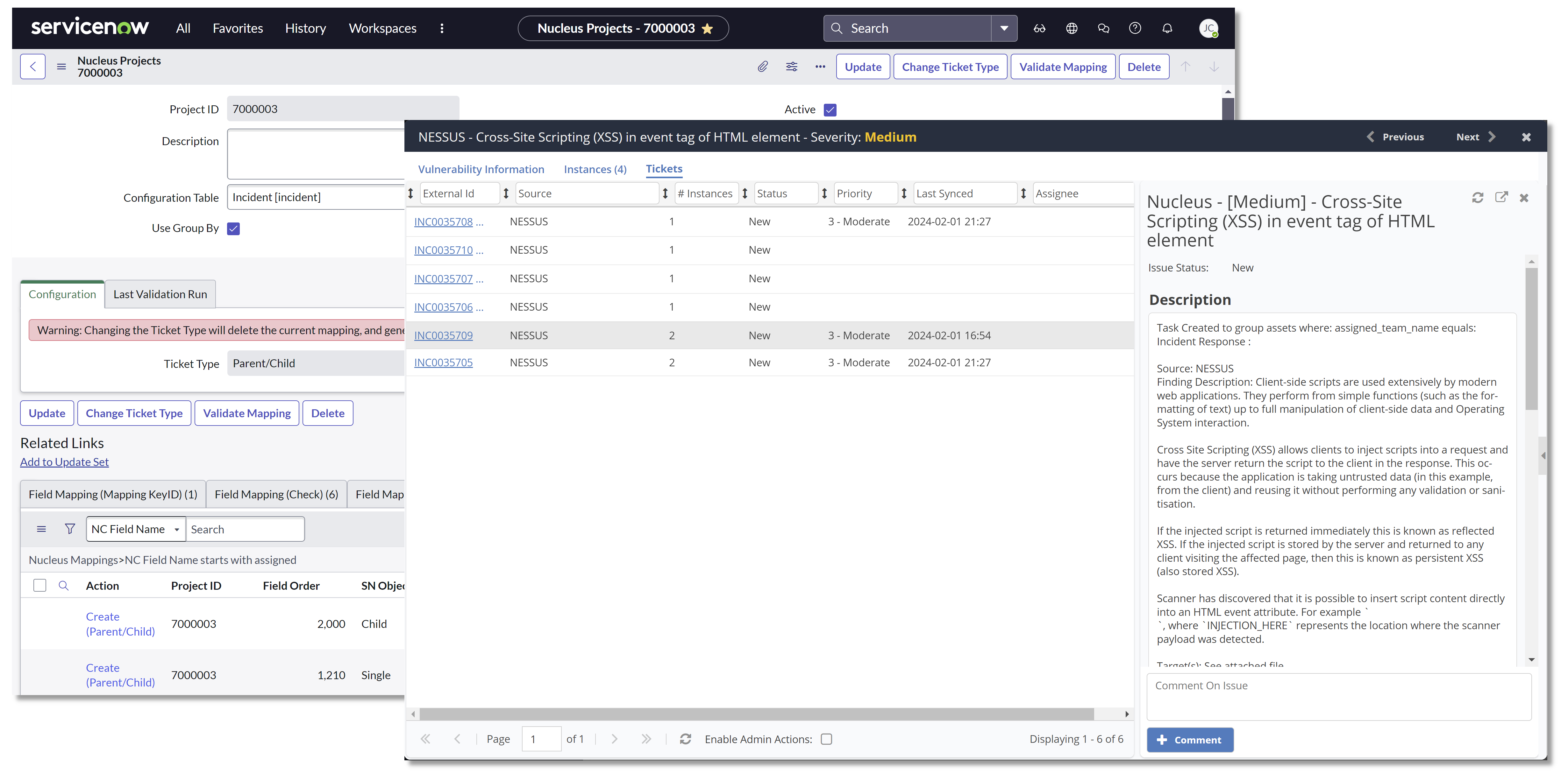 Managing Projects in the Nucleus Security app for ServiceNow and viewing grouped Incidents in Nucleus finding details.